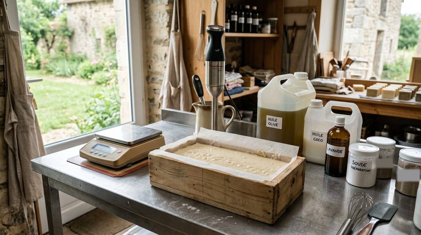 Plan de travail inox d'un atelier de savonnerie fermier : balance, mixeur plongeant, moule en bois et bidons d'huiles