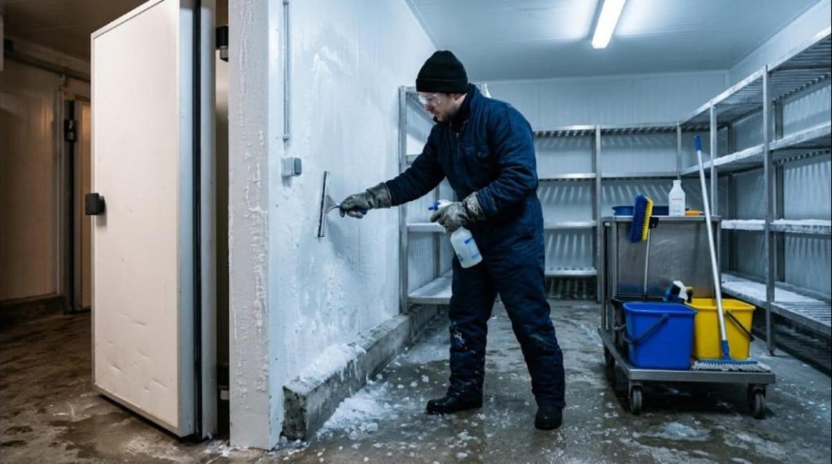 Technicien en tenue grand froid raclant le givre des murs d’une chambre froide négative vidée