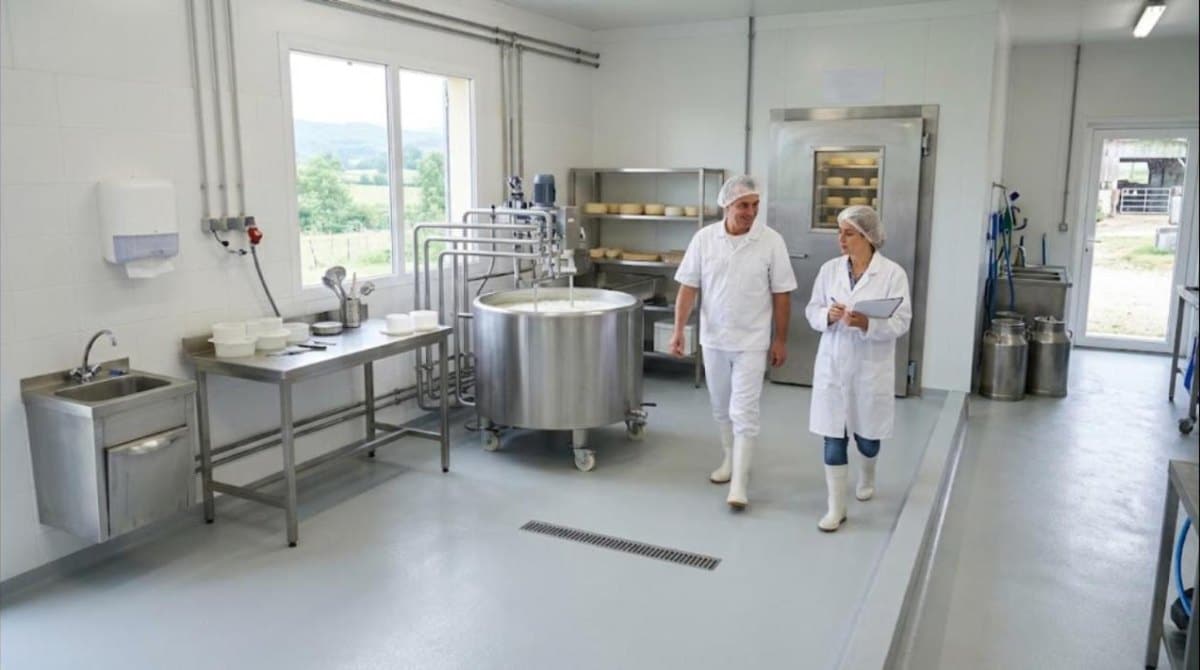 Éleveur et inspectrice sanitaire visitant un atelier de transformation laitière fermier aux normes, sol résine et cuve inox