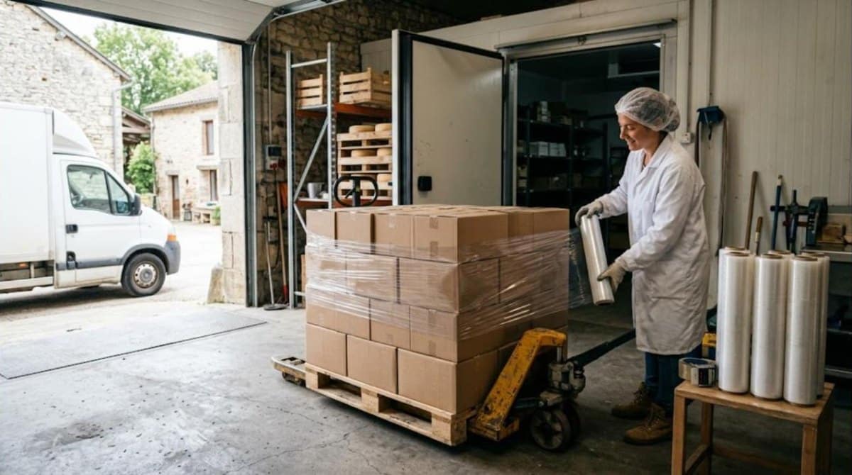 Employée de fromagerie filmant une palette de cartons au quai d'expédition, rouleaux de film à côté