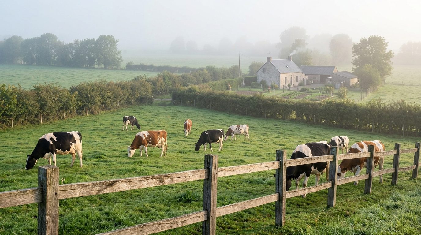 Vaches laitières au pâturage dans une prairie bordée de haies, ferme en arrière-plan