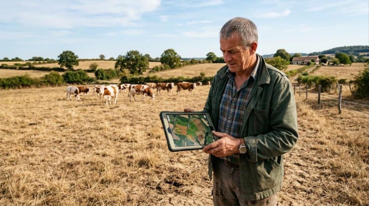 Éleveur consultant une vue satellite de ses parcelles sur tablette dans une prairie séchée, vaches au loin