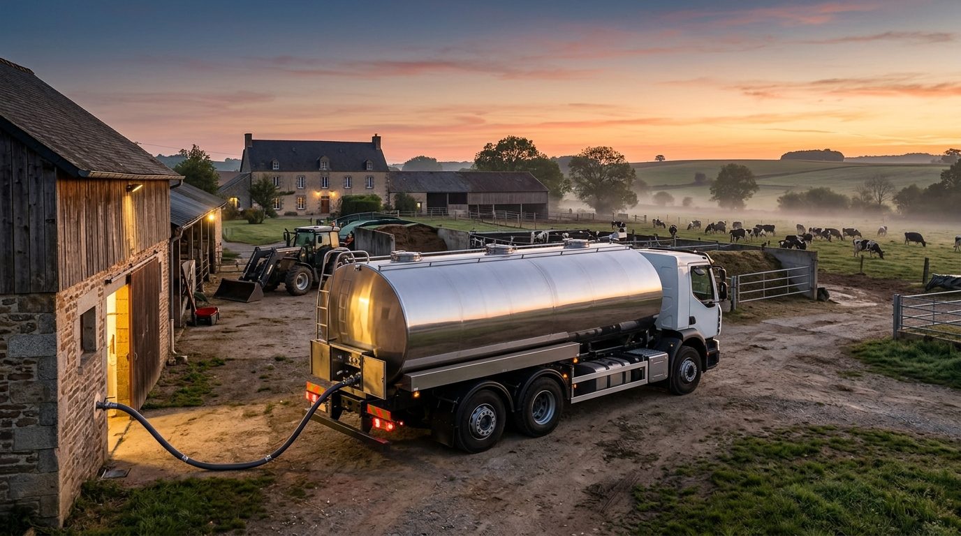 Camion-citerne de collecte de lait dans une cour de ferme à l'aube
