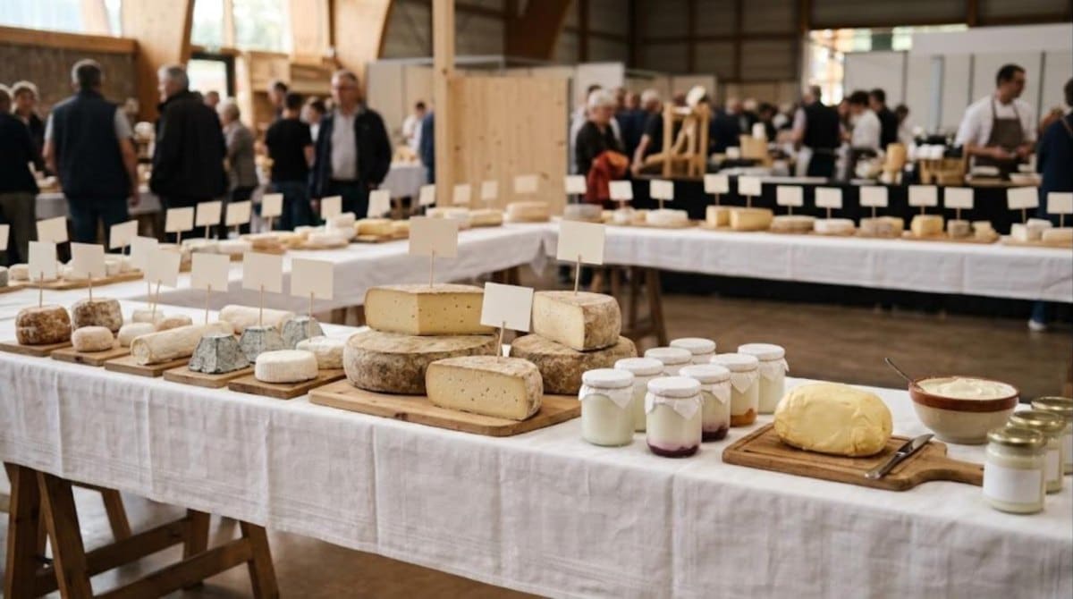 Fromages, yaourts, beurre et crème fermiers présentés sur une table de concours