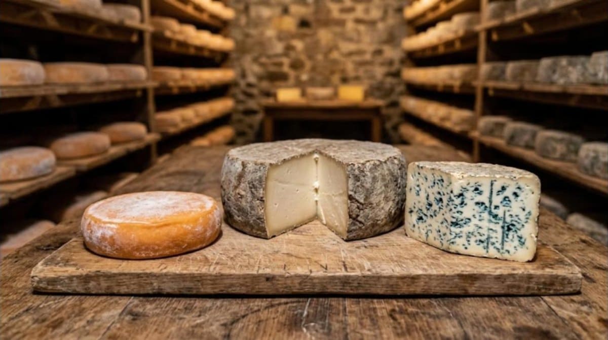 Reblochon, cantal entamé et fourme persillée sur une planche dans une cave d'affinage