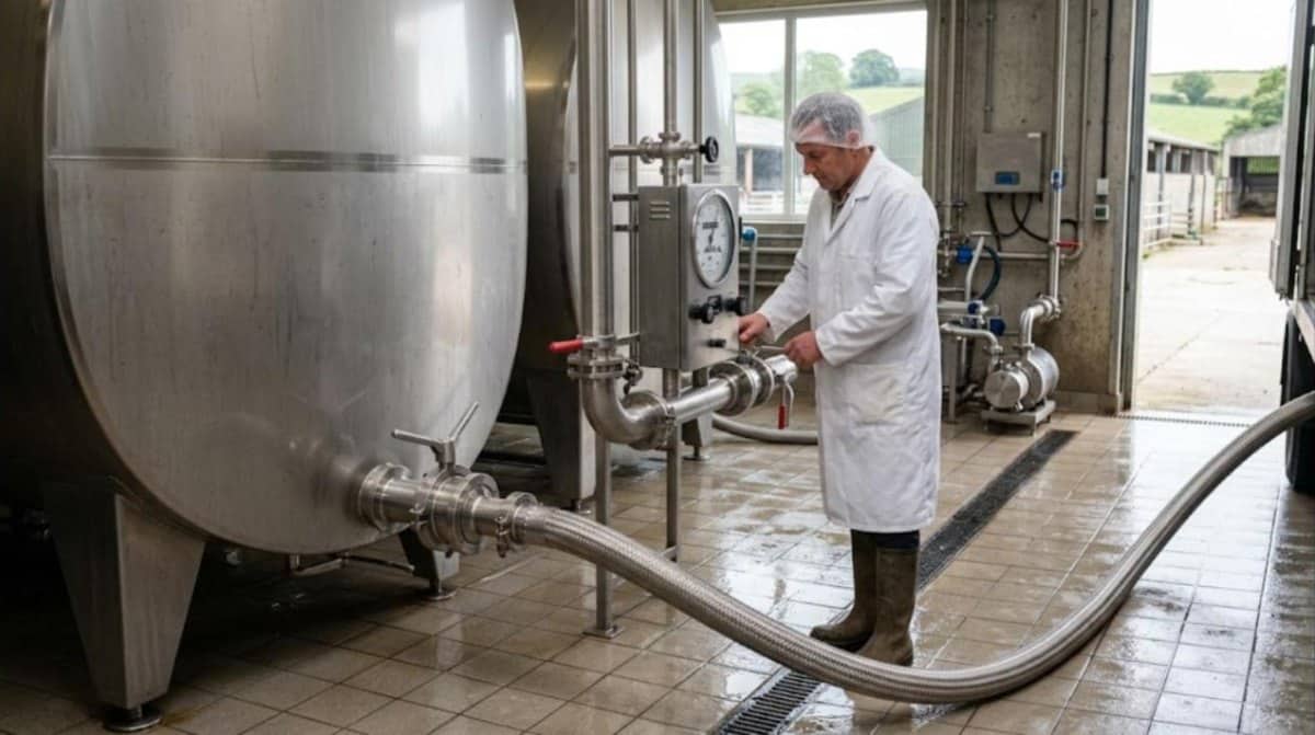 Opérateur contrôlant la réception du lait dans une cuve inox d’un atelier laitier