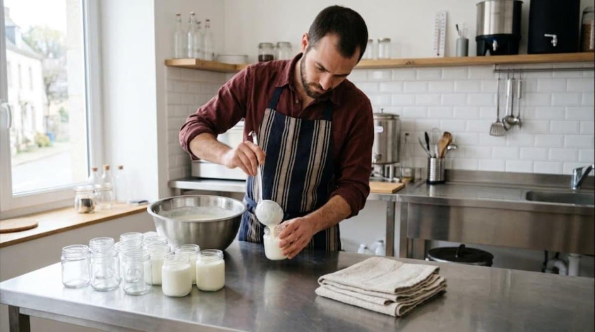 Artisan yaourtier reconverti remplissant des pots en verre à la louche dans son petit atelier