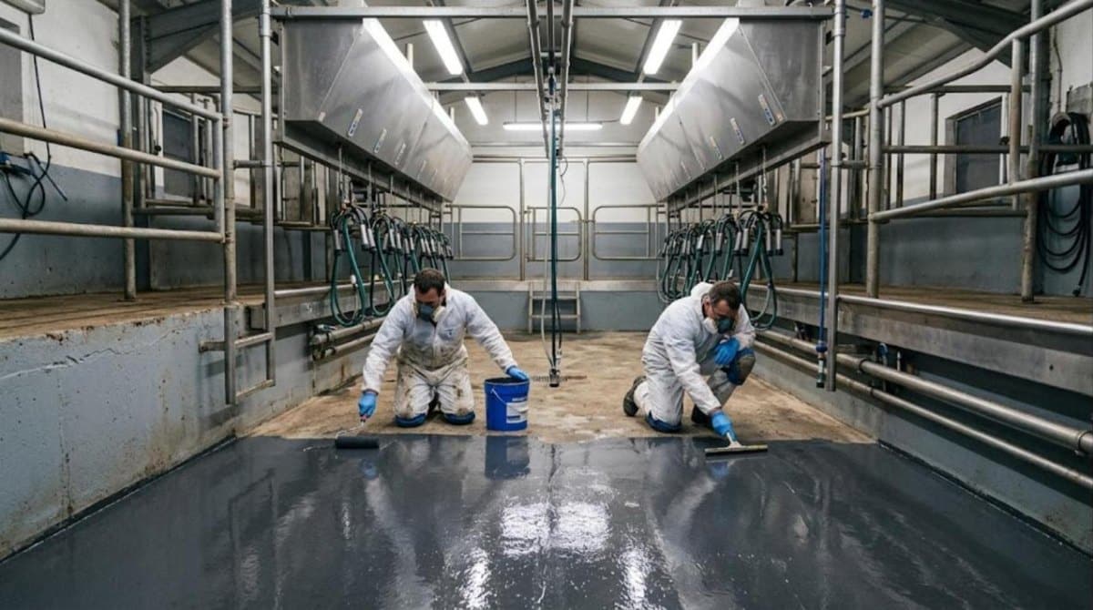 Pose d'un revêtement de sol en résine dans une salle de traite
