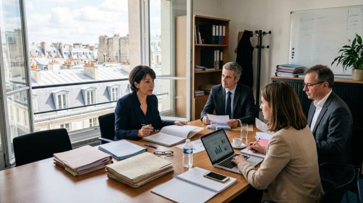Réunion de travail de responsables autour d'une table dans un bureau parisien
