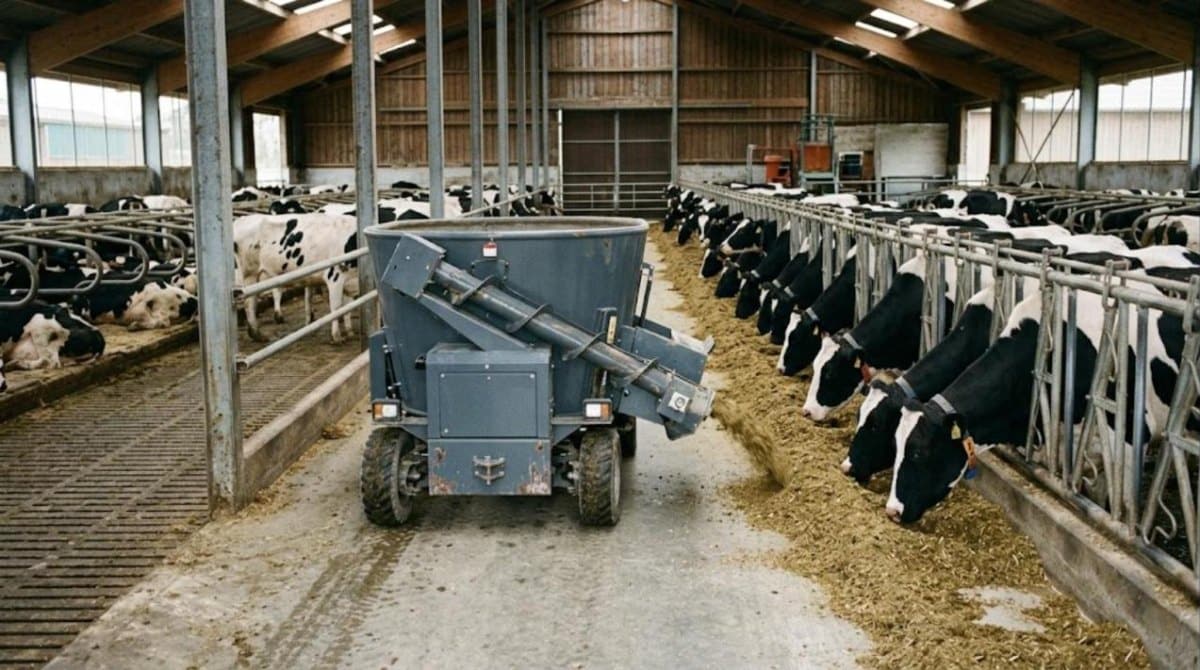 Robot d'alimentation autonome distribuant la ration devant des vaches au cornadis