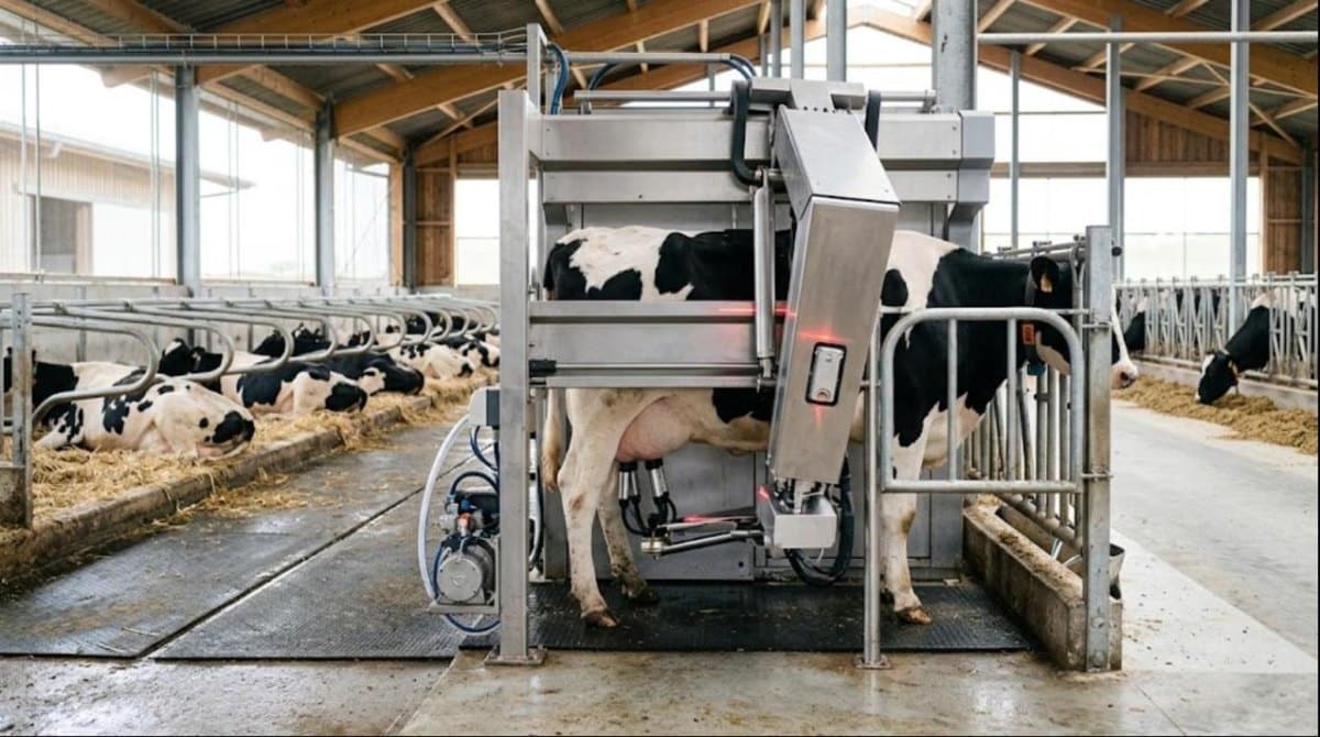 Robot de traite en fonctionnement sur une vache prim'Holstein en stabulation