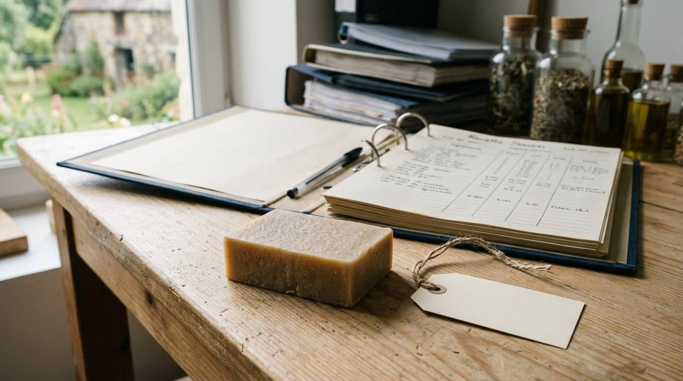 Classeur ouvert sur une fiche de formule, un savon au lait et une étiquette vierge sur une table en bois