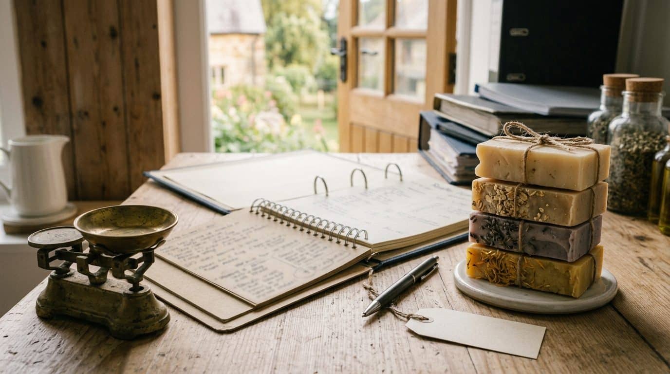 Balance ancienne, carnet de calculs et savons empilés sur un bureau de ferme
