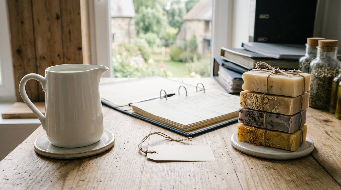 Pichet de lait à côté d'une pile de savons au lait ficelée et d'un classeur de recettes