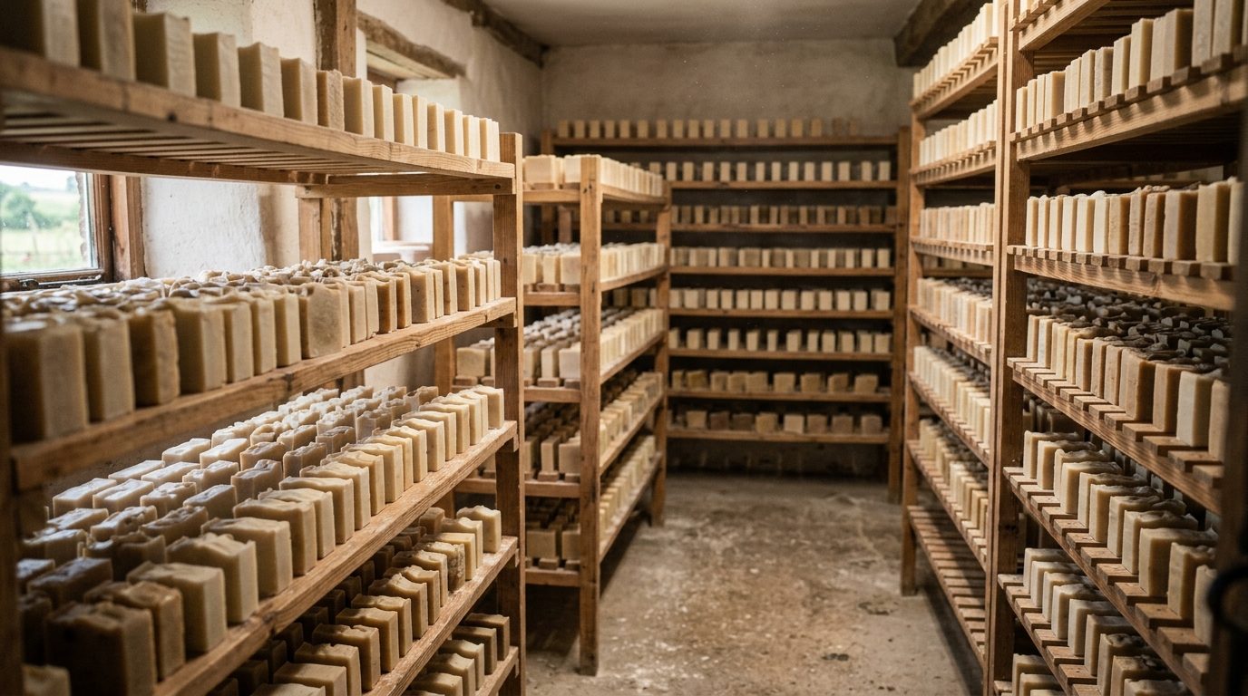 Étagères en bois chargées de savons en cure dans un local sec