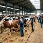 Allée d'un hall de salon de l'élevage avec des vaches laitières sur la paille