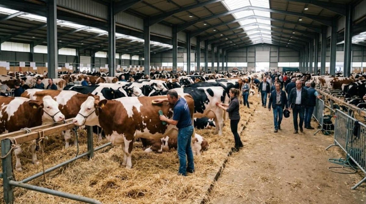 Allée d'un hall de salon de l'élevage avec des vaches laitières sur la paille