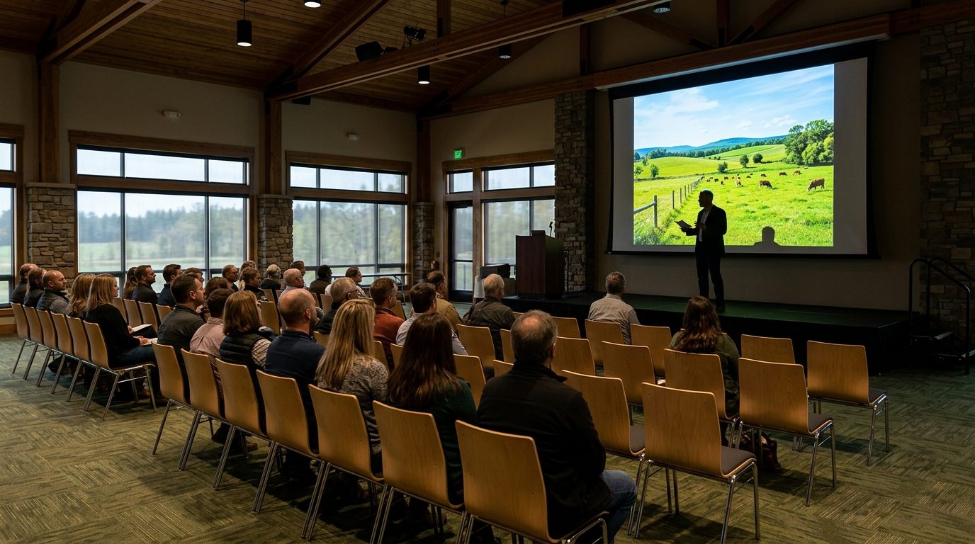 Salle de conférence, un intervenant devant un écran montrant une prairie pâturée