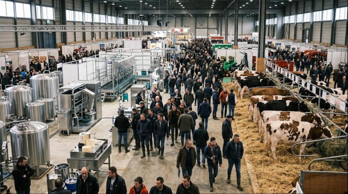 Hall d'un salon de l'élevage : matériel de laiterie, visiteurs et vaches laitières