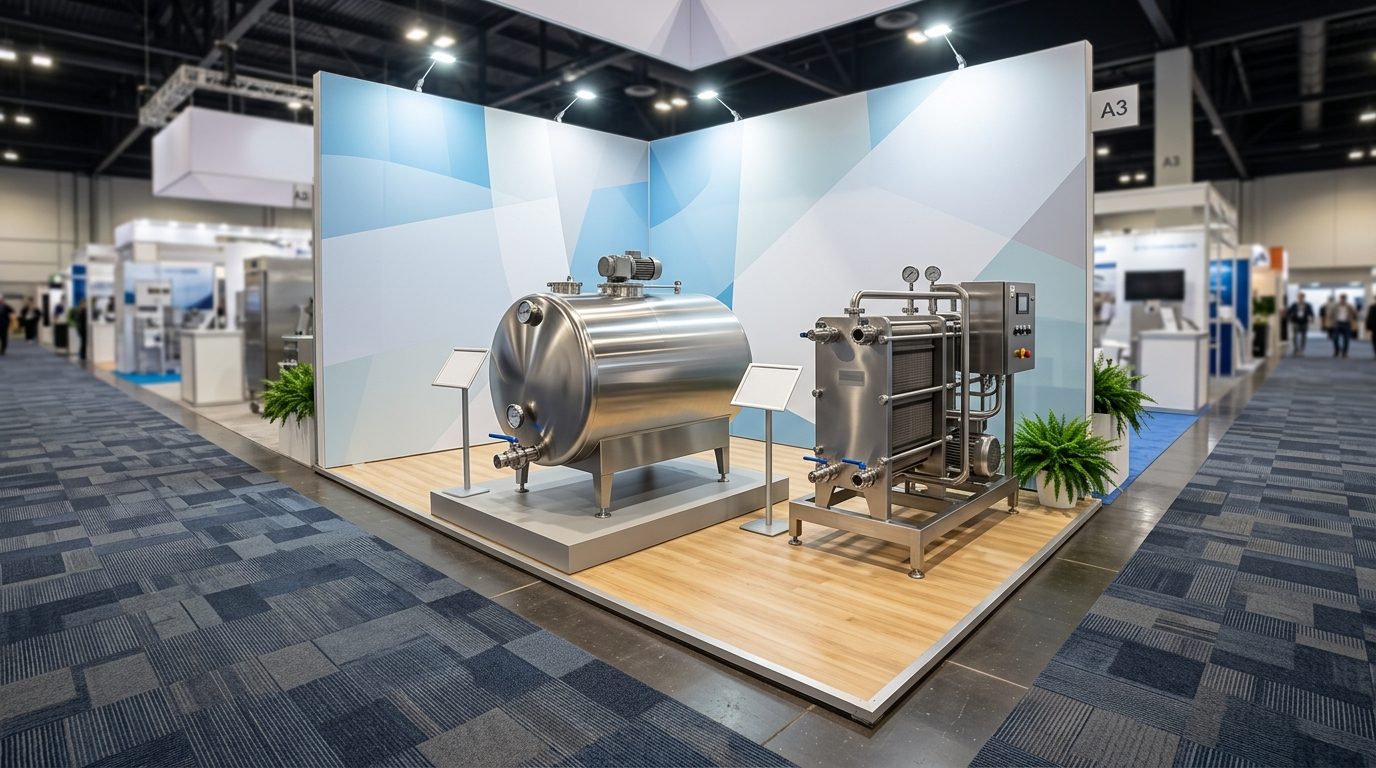 Stand de salon présentant un tank à lait inox et un pasteurisateur