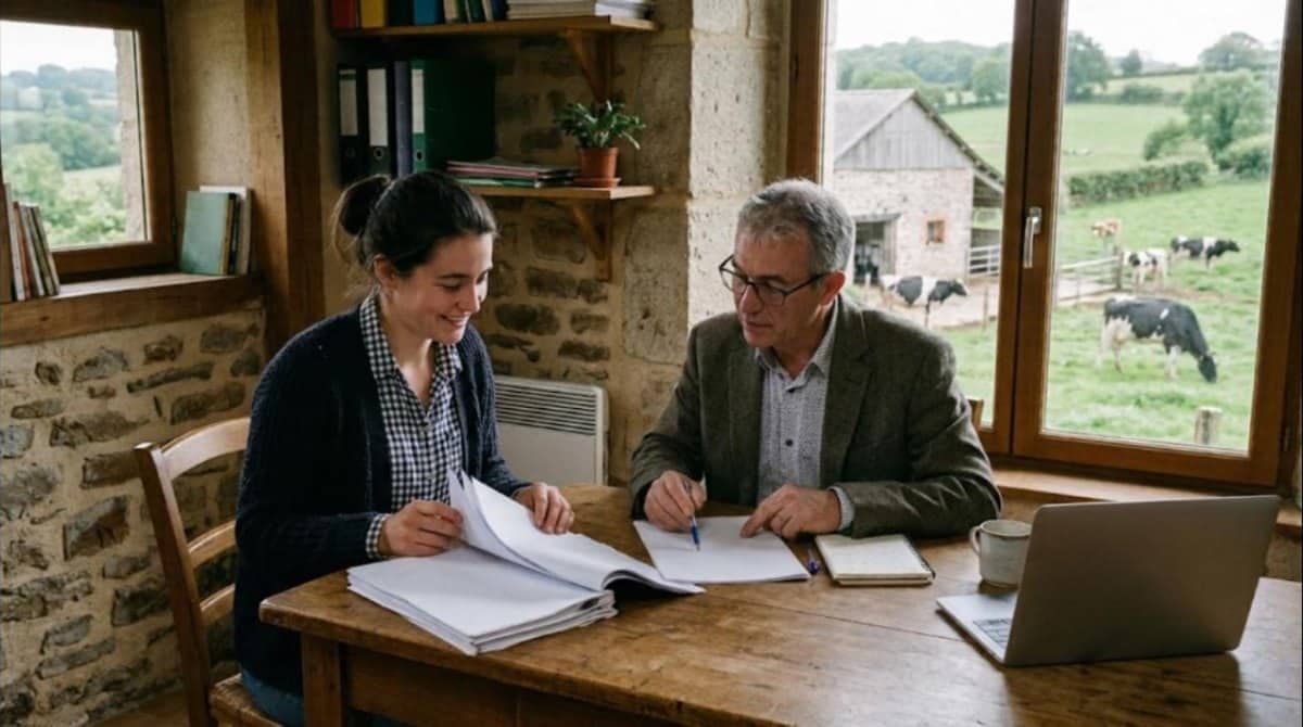 Productrice fermière et conseiller étudiant les statuts juridiques de la laiterie, vaches au pré par la fenêtre