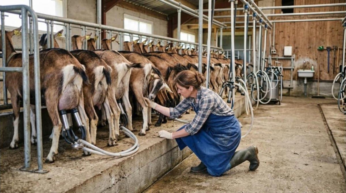 Chèvres alpines chamoisées sur le quai de traite, une éleveuse vérifie une mamelle