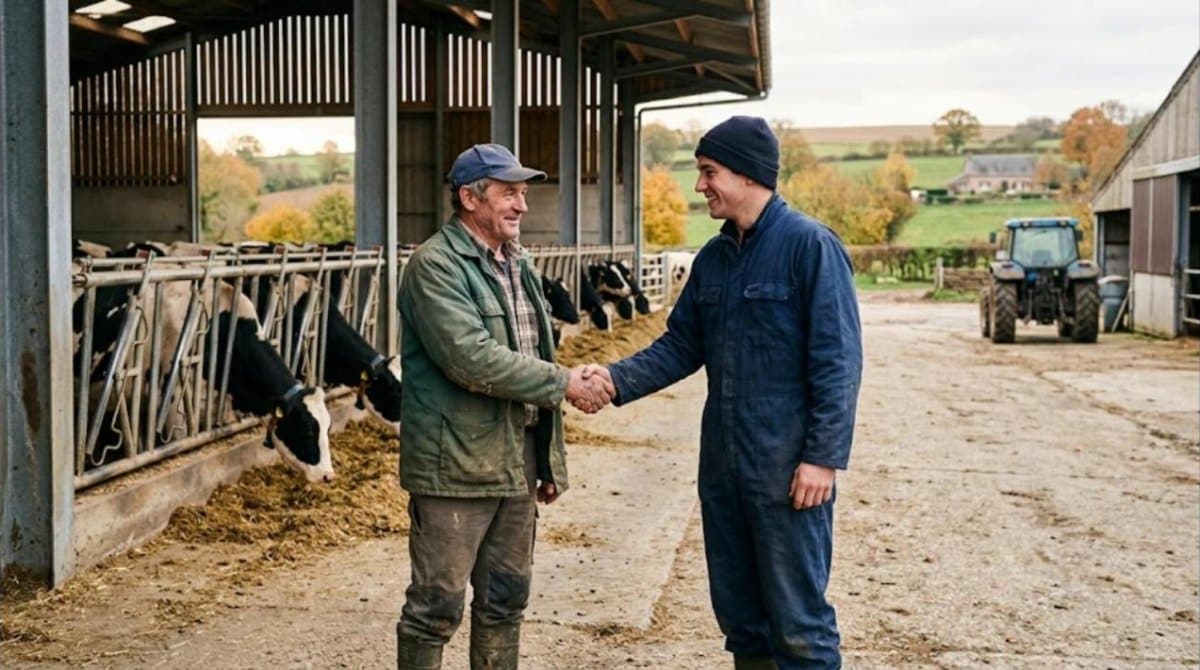 Éleveur laitier âgé serrant la main d'un jeune agriculteur devant la stabulation