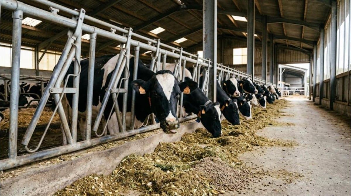 Vaches laitières pie noire au cornadis devant une ration d'ensilage et de granulés