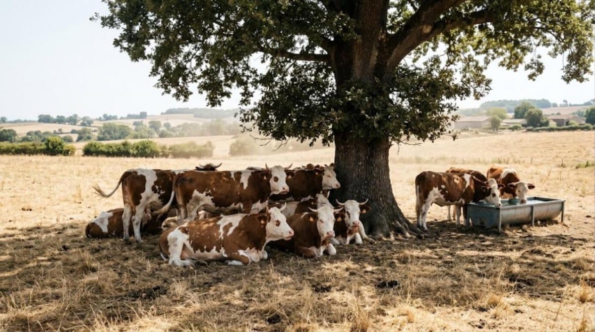 Vaches montbéliardes à l'ombre d'un chêne pendant une canicule