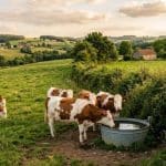 Vaches laitières au pâturage en été près d'un abreuvoir