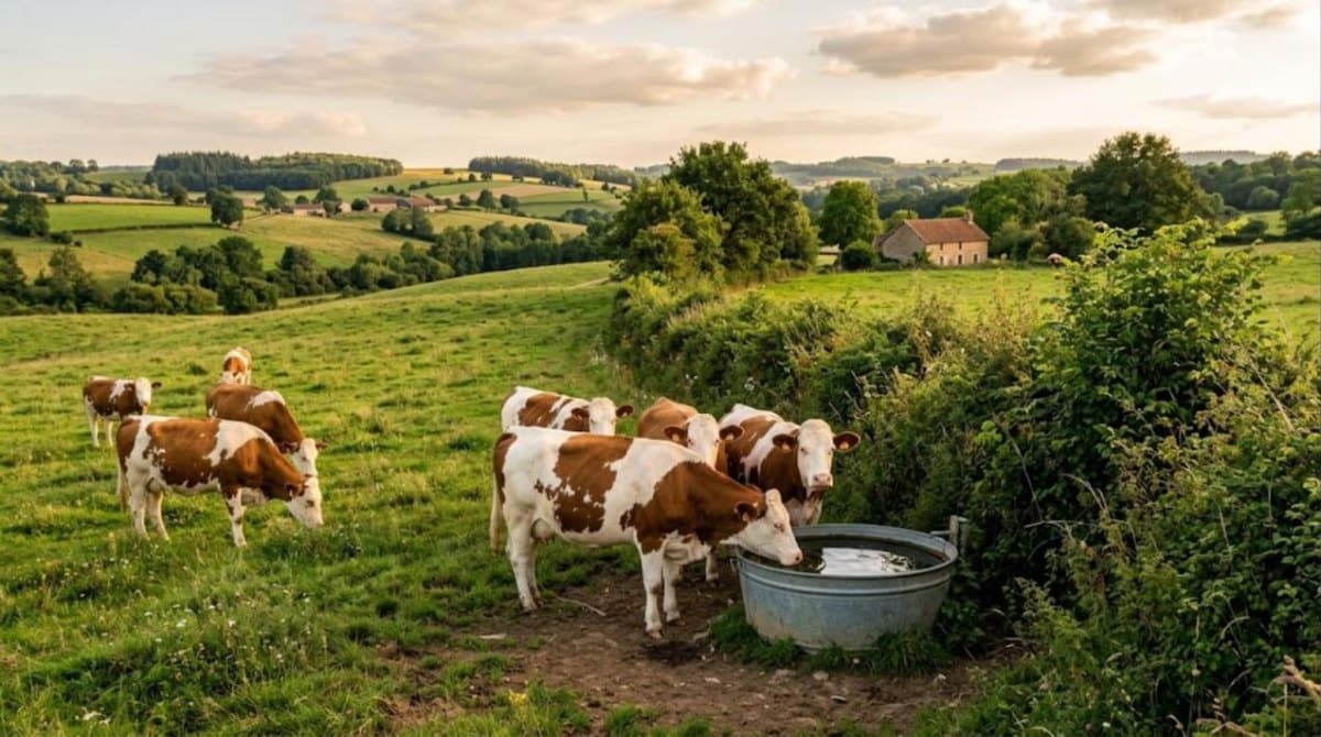 Vaches laitières au pâturage en été près d'un abreuvoir