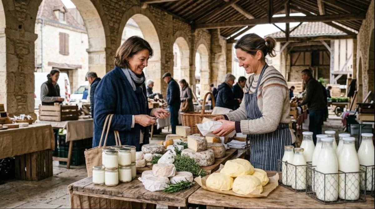 Productrice laitière vendant fromages, yaourts, beurre et lait sur un marché de village