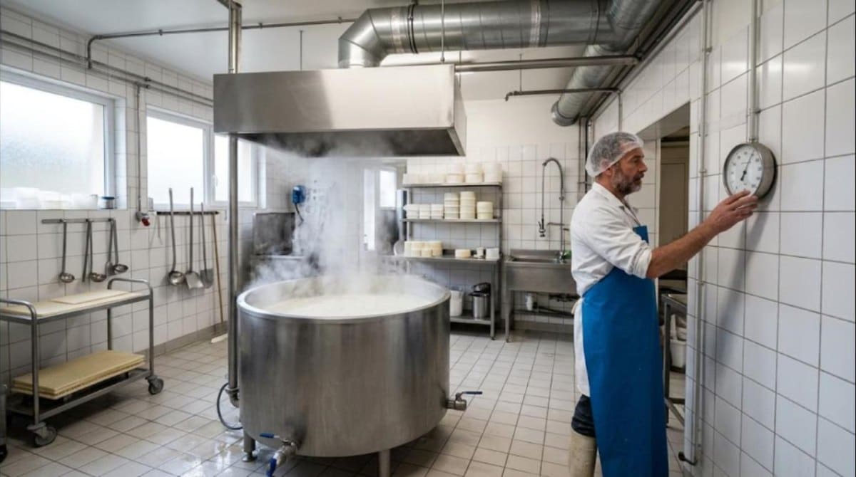 Fromager vérifiant l'hygromètre mural sous la hotte d'extraction d'un atelier laitier, cuve de fabrication fumante