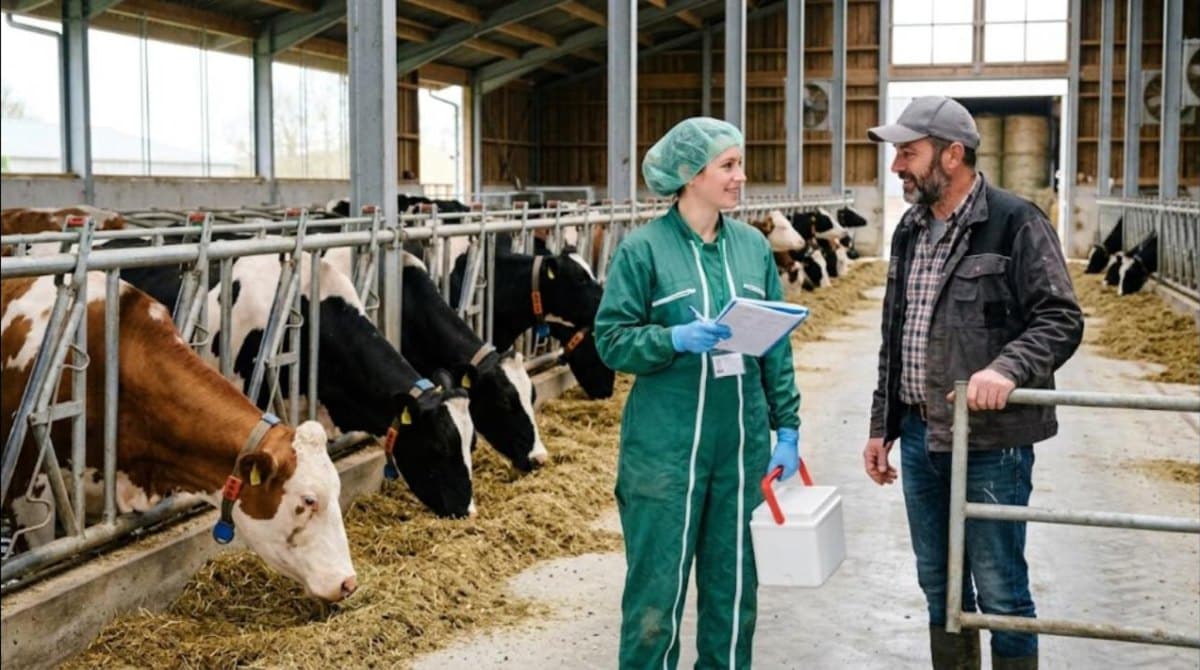 Vétérinaire et éleveur laitier en discussion dans une stabulation, vaches au cornadis