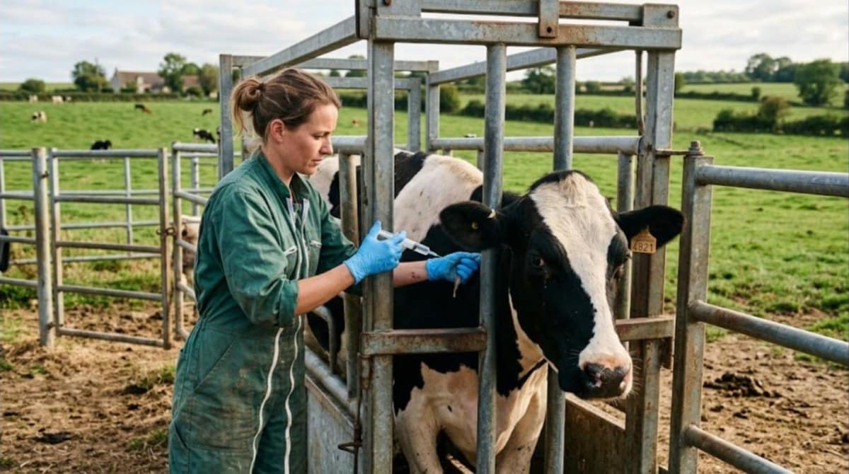 Vétérinaire vaccinant une vache pie noire dans un couloir de contention près d'une prairie
