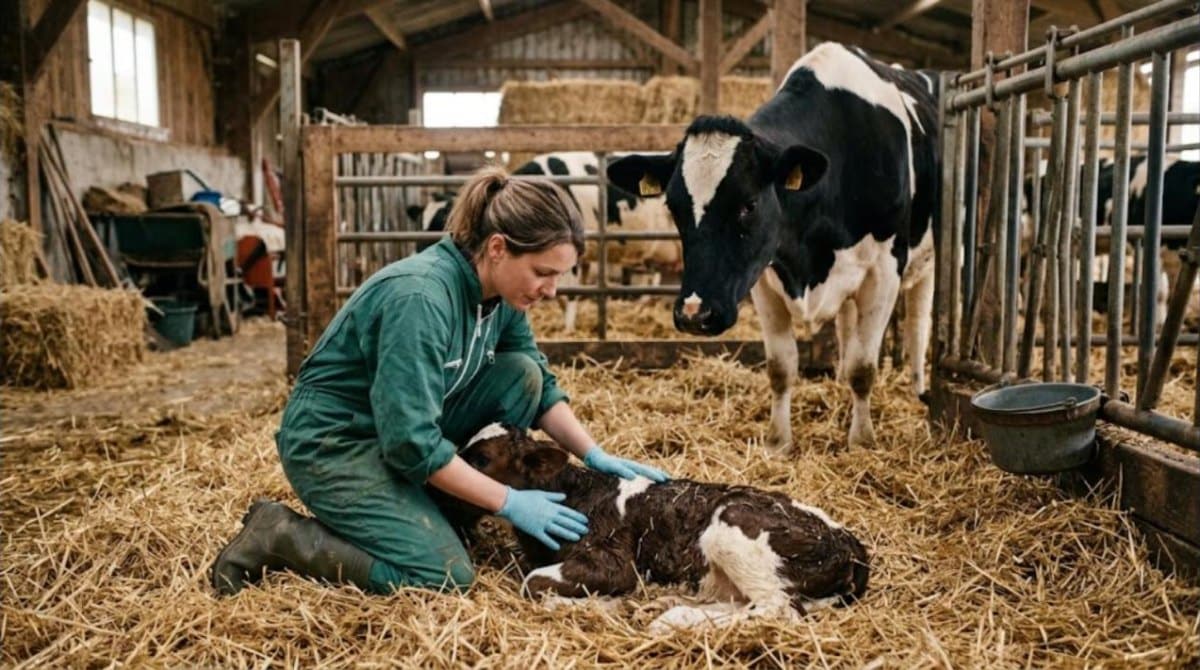 Vétérinaire examinant un veau nouveau-né dans la paille, la vache pie noire à côté