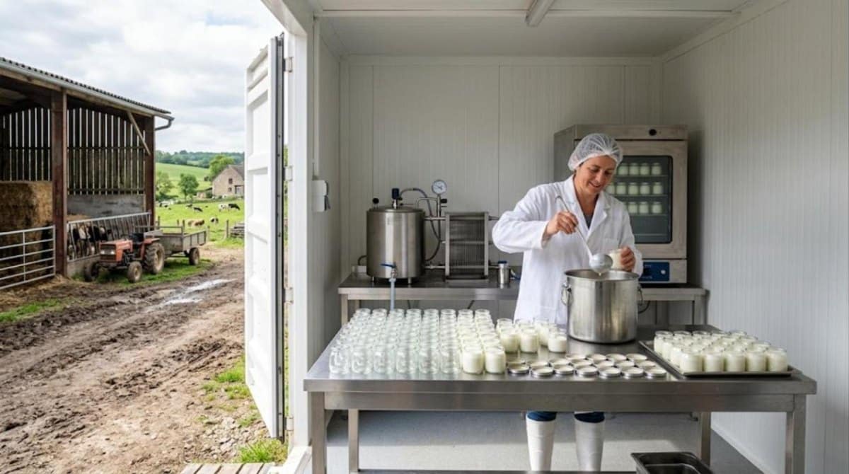 Atelier de fabrication de yaourts installé dans un conteneur à la ferme
