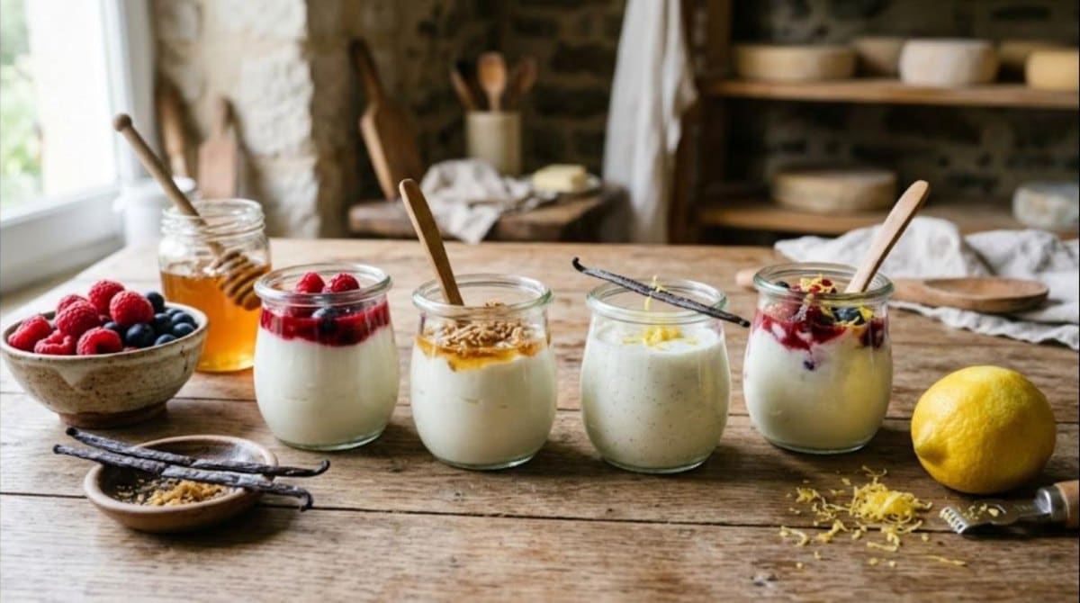 Yaourts fermiers en pots de verre aromatisés aux fruits rouges, au miel, à la vanille et au citron sur une table en bois